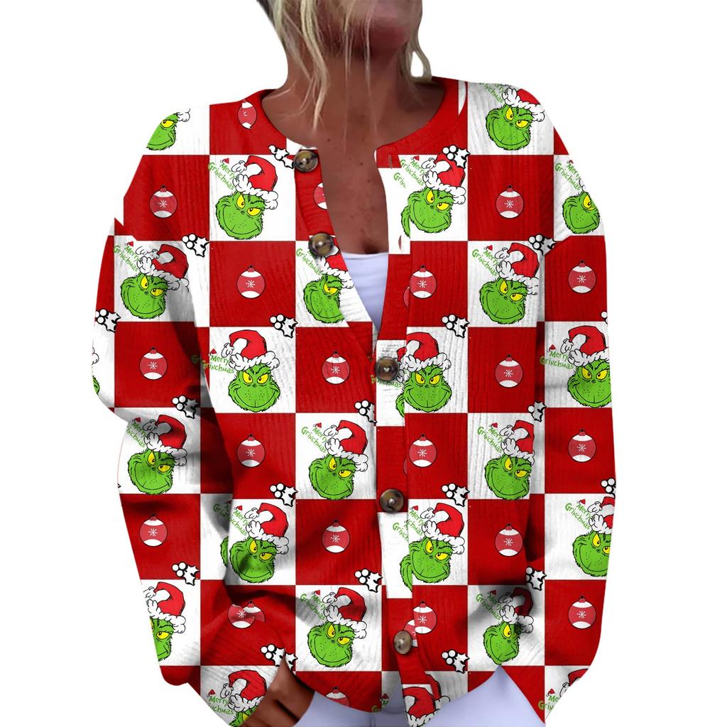 Women's Fashion Christmas Printed Long Sleeve Knitted Cardigan Button Down Jacket