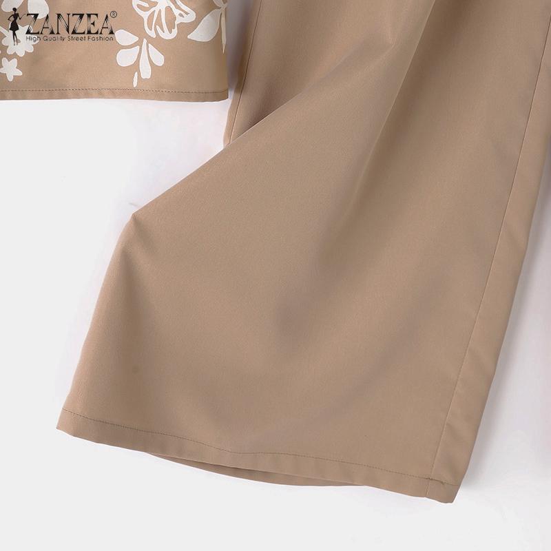 ZANZEA Women Vintage Elastic Waist Printed V-Neck Short-Sleeved Tops Pants Two Piece Sets