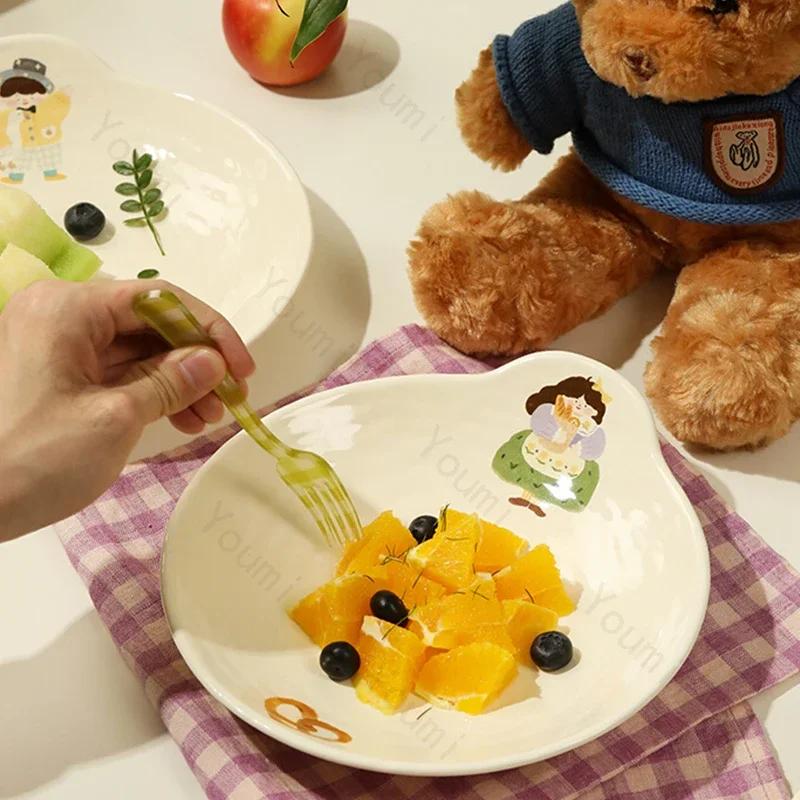 Cartoon Anime Circular Ceramic Plate High End Restaurant Afternoon Tea Fruit Dessert Plate Home Pasta Plates Exquisite Tableware