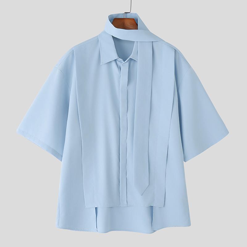 INCERUN Oversized Men Tie Up Neck Short Sleeve Solid Color Casual High Low Shirts