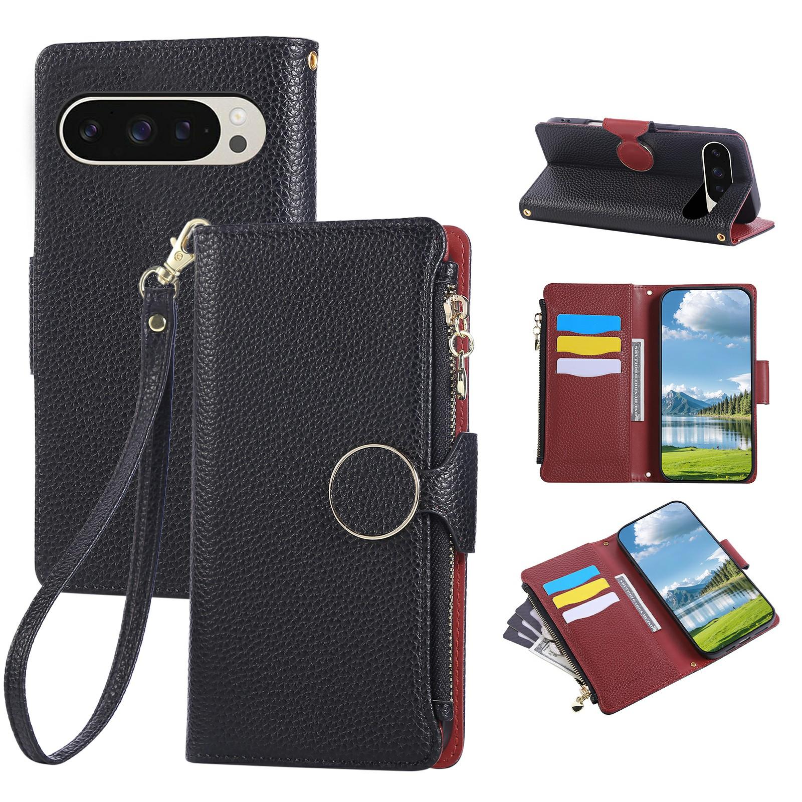 

For Google Pixel 9 Pro XL Case Zipper Wallet Leather Phone Cover with Wrist Strap Black