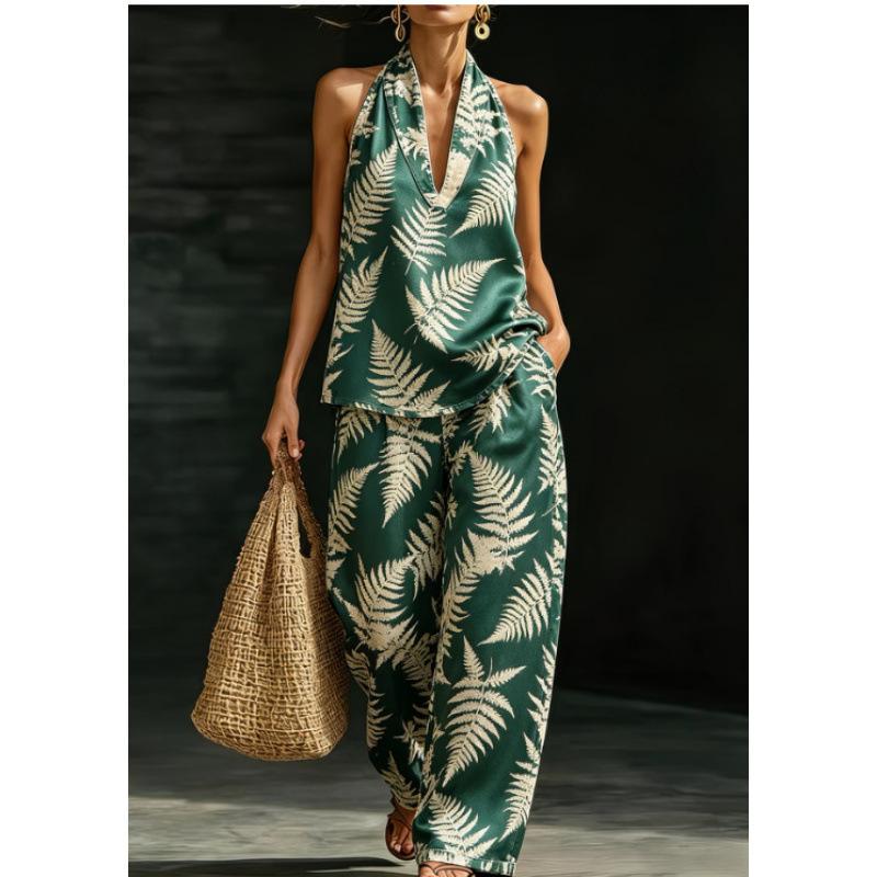 1116 set European and American women's clothing printed neck V-neck sleeveless casual pants set