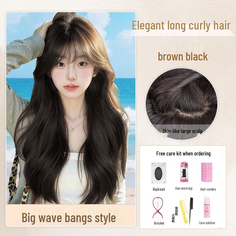 Women's Natural Long Full Cap Wig with Realistic Large Waves and Seamless Middle Part Bangs