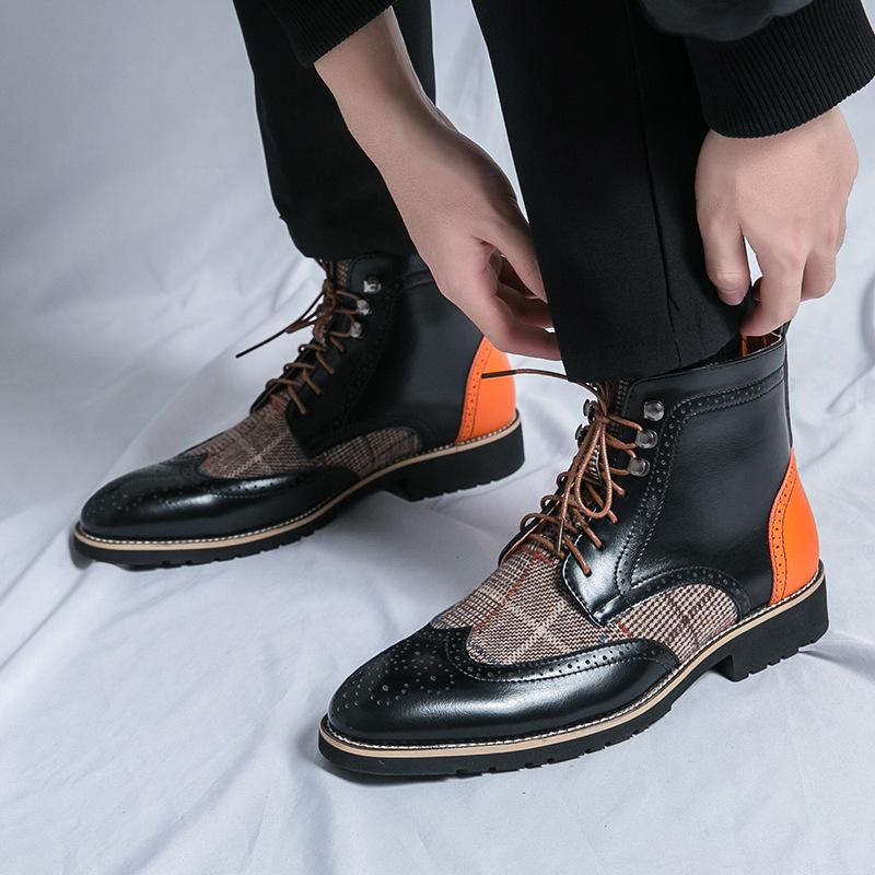 British Men's Mid-High Leather Brogue Boots: Fashionable Retro Business-Casual, Pointed Toe, Height-Increasing.