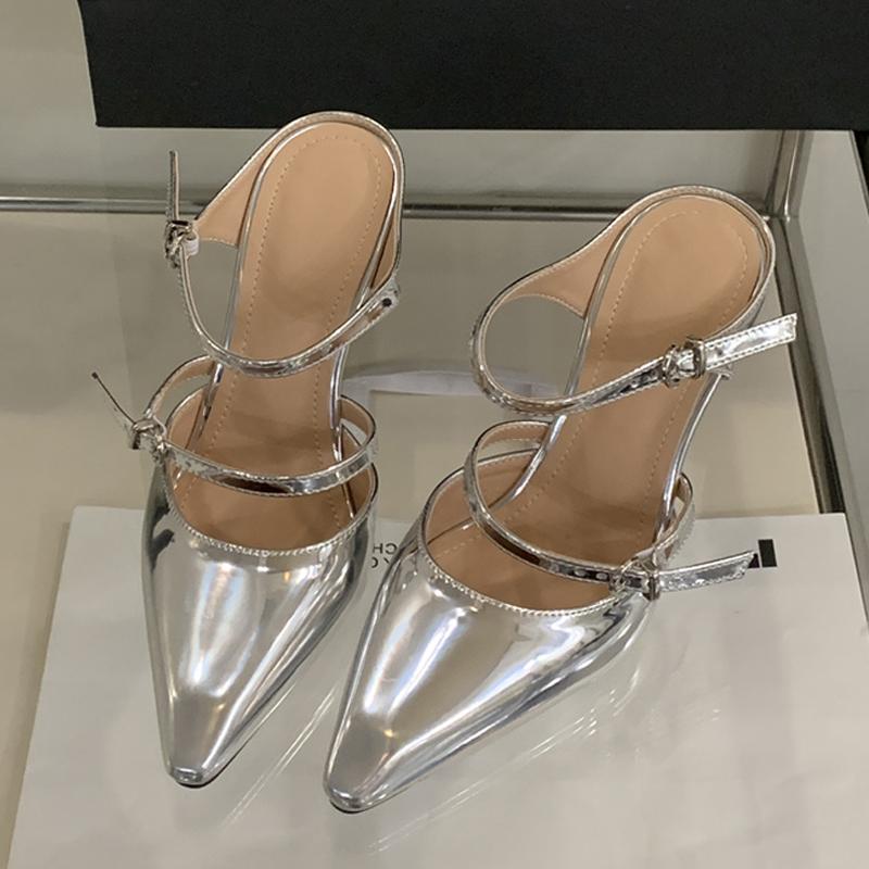 New Fashion Transparent Wedge Slippers Women Pumps Patent Leather Pointed Toe Buckle Strap Designer High Heels Mules Shoes