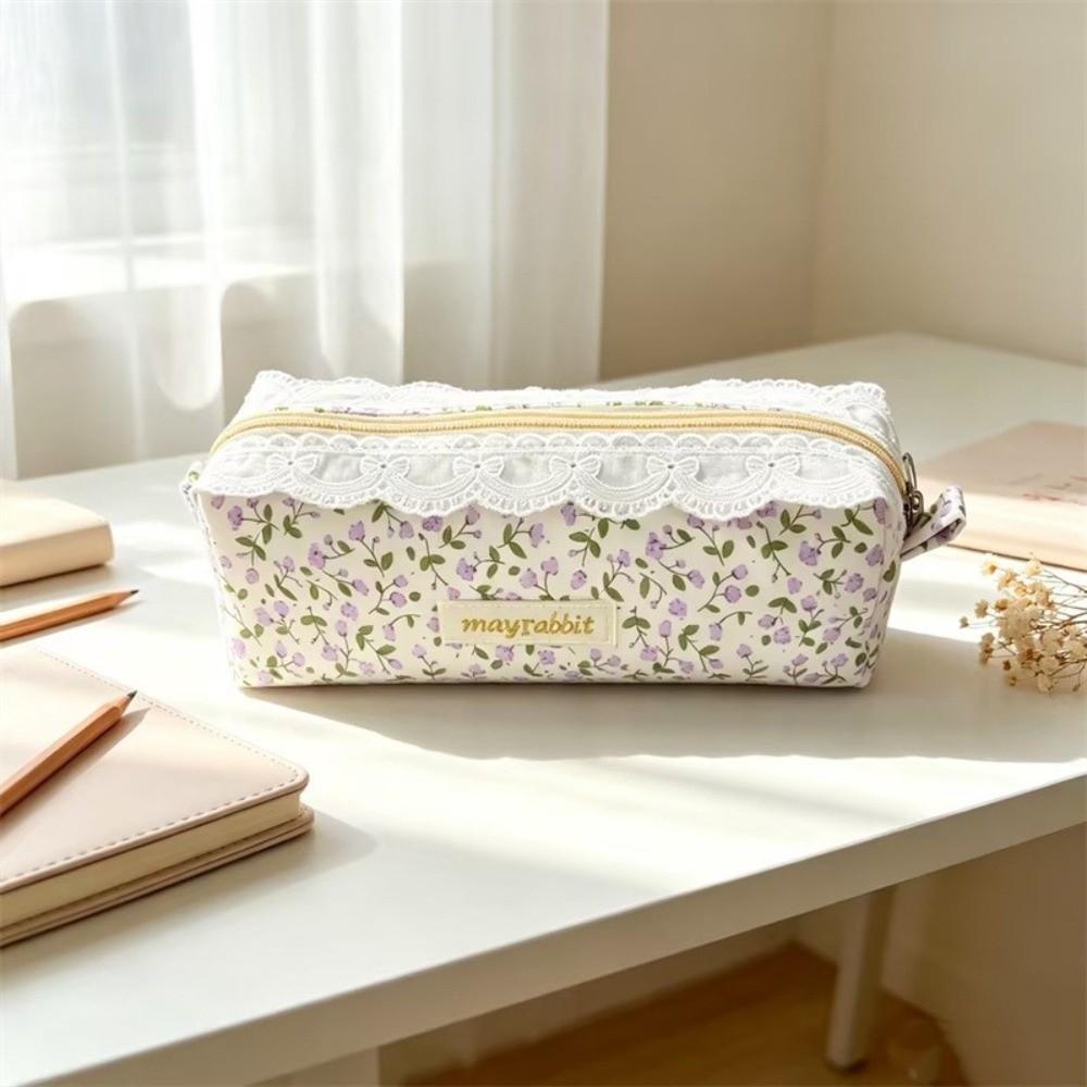 Cotton Pencil Pouch Zipper Stationery Pouch Portable Floral Pencil Case Office Stationery