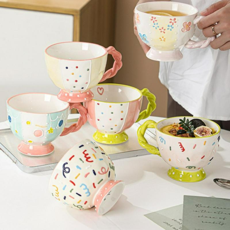 400ml Hand Drawn Ceramic Mug Large Capacity Breakfast Cereal Cup Milk Oatmeal Matcha Water Cup Kitchen Accessory Drinkware Gift