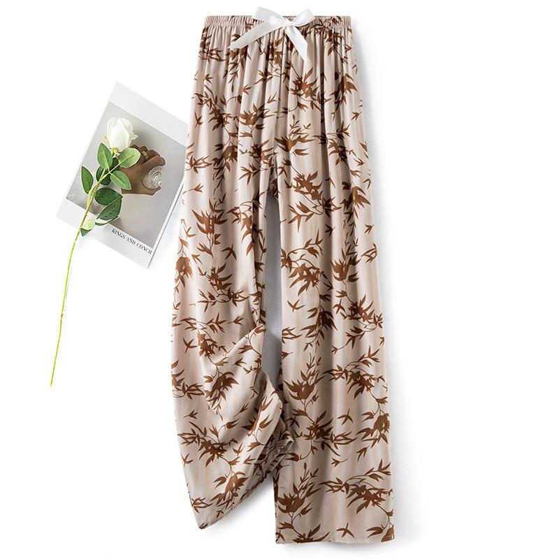 Pantaloni de pijama din bumbac mătase pentru femei, secțiune subțire de vară, anti-țânțari, pantaloni cu picior lat, culoare uni, pentru exterior, casă, petrecere a timpului liber, imprimeu, pantaloni de plajă până la genunchi