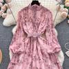 Autumn Elegant Dresses for Women Long Puff Sleeve Stand Collar Lapel Single Chiffon Floral Print Vestidos Skinny Dress Dropship