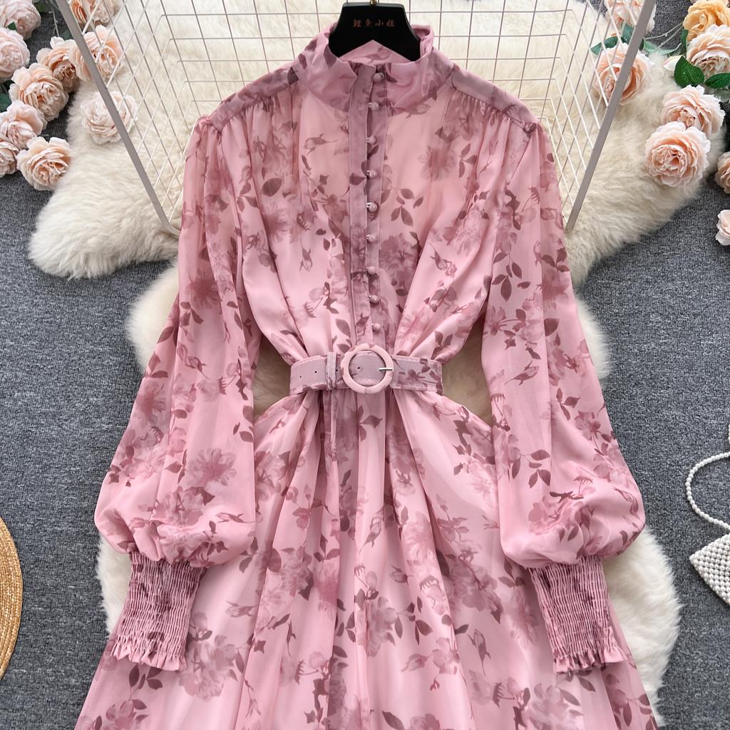 Autumn Elegant Dresses for Women Long Puff Sleeve Stand Collar Lapel Single Chiffon Floral Print Vestidos Skinny Dress Dropship