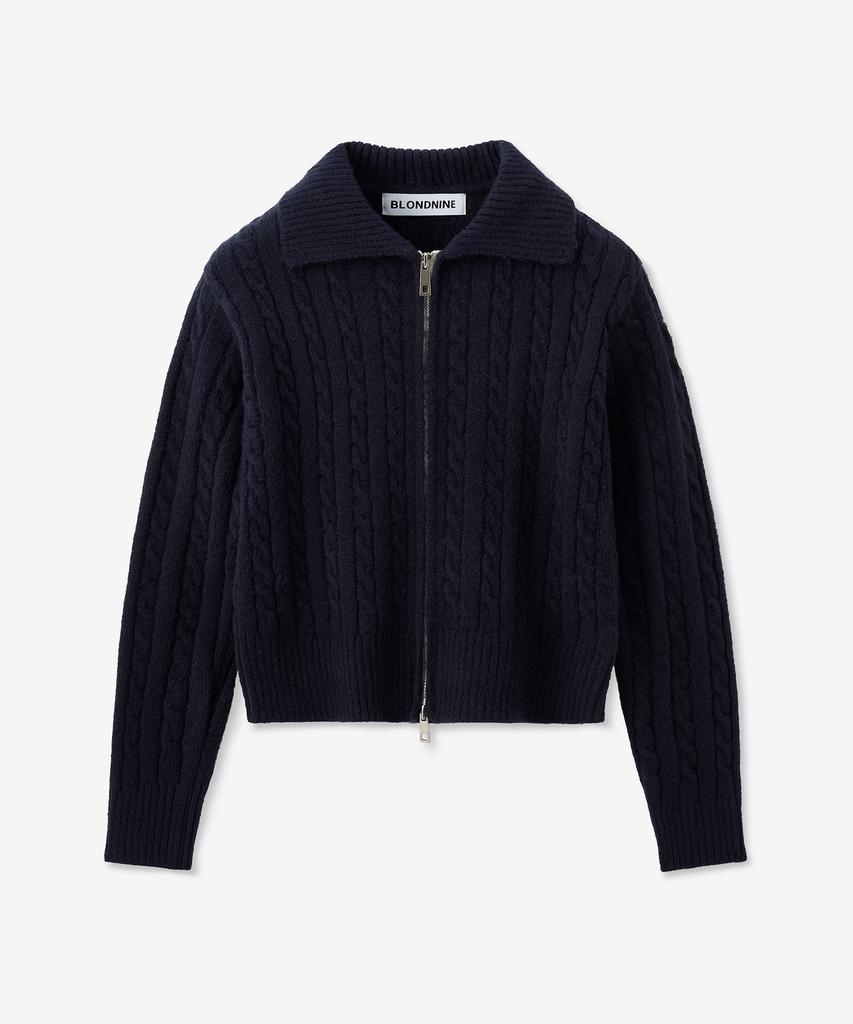 BLOND9 Fluffy Cable Knit Zip-Up_Navy