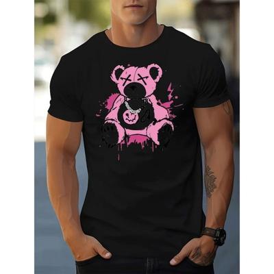 European Sizes Men'S Casual Street Style T-Shirt _ Cartoon Pink Bear Graphic Print, Short Sleeve, Crew Neck, Slight Stretch Fabric