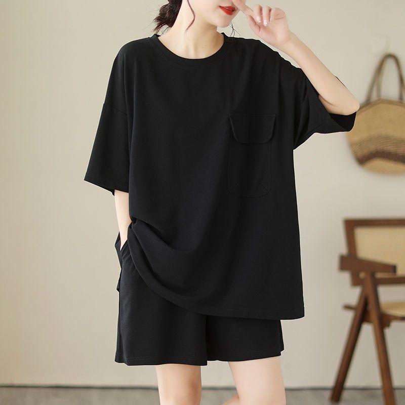 Plus Size Women's Fashionable Slimming Wide Leg Short Shorts Set Loose T-Shirt  Two Piece Set Women Cotton Material