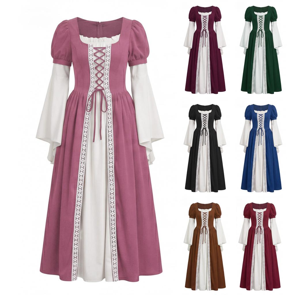 Medieval Renaissance Vintage Style Women's Dress Lace-Up Waist Tie Long Sleeve Court Gown Stage Performance Costume
