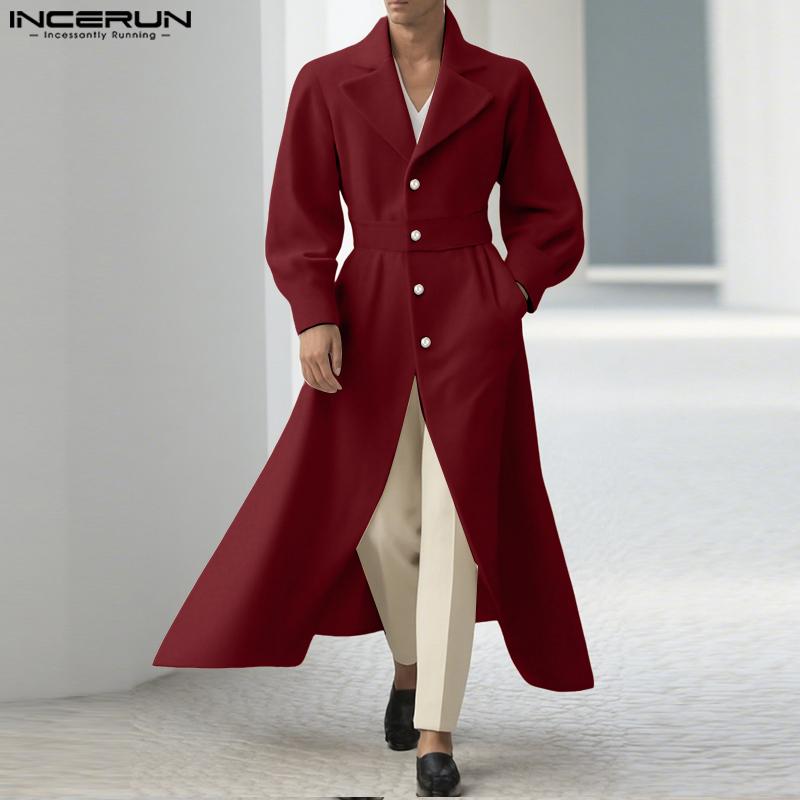 INCERUN Winter Men Long Sleeve Turn-down Collar Long Woolen Melton Coats Outwear