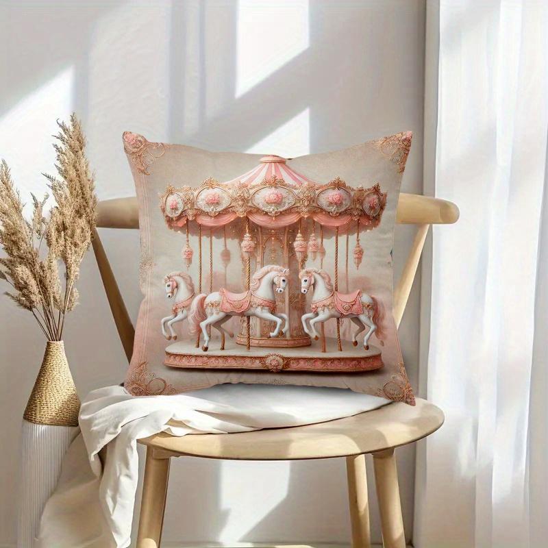Pink Vintage Carousel Pattern Pillowcase Polyester Home Decor Cushion Cover For Bedroom