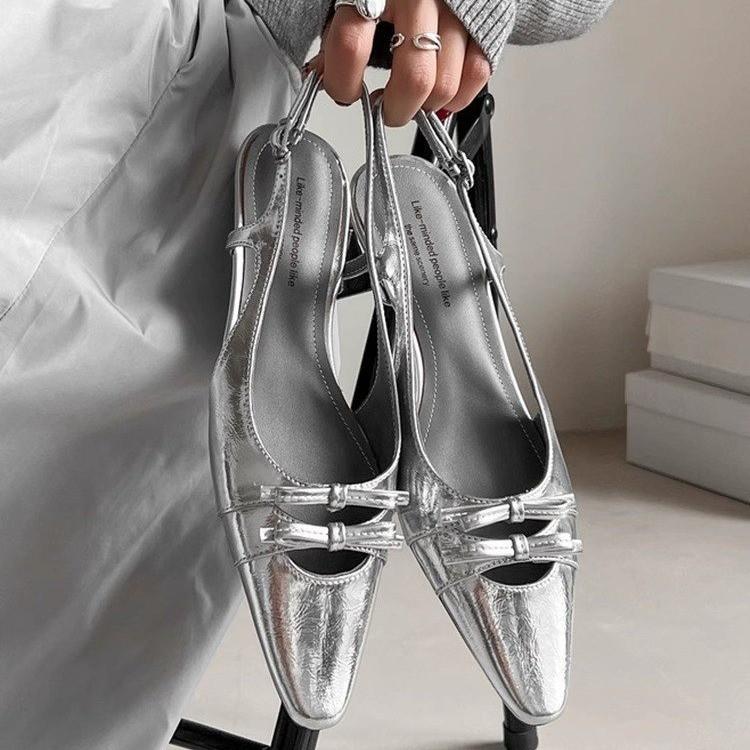 

Fashion Silver Toe Sandals, Children s Style, Summer New French Bow Cat Heel High Heels, Women s Fashion Sandals 40 серебряный