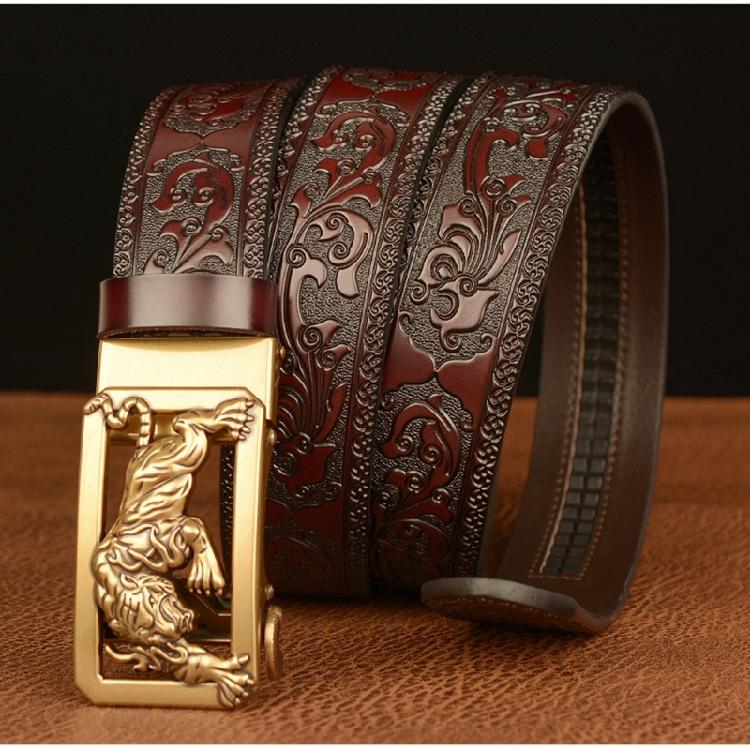 Classical Men Leather Belt with Convenient Automatic Buckle and Carved Beast Buckle Chinese Beast Head
