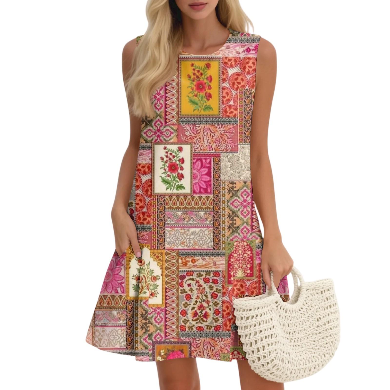 

Женский повседневный модный дышащий жилет с круглым вырезом, цветочное праздничное платье с карманами XL винный