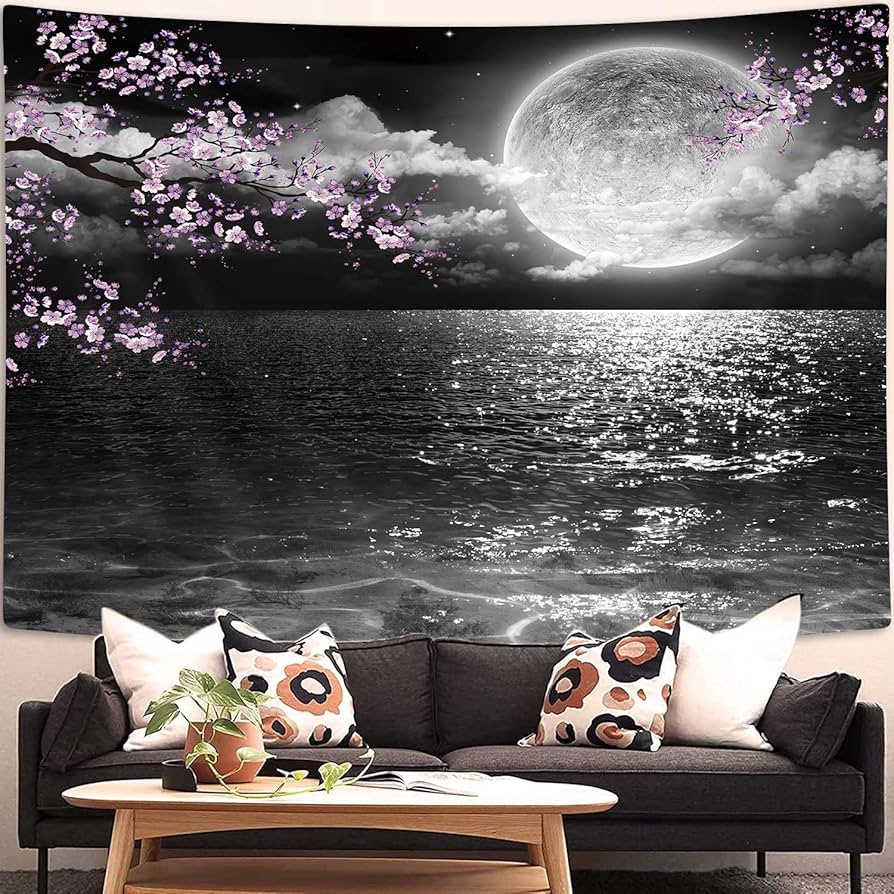 Moon Over Ocean Tapestry Full Moon Night Sky with Cherry Blossom Tree Wall Tapestry for Bedroom Cloud Pink Floral Wall Hanging