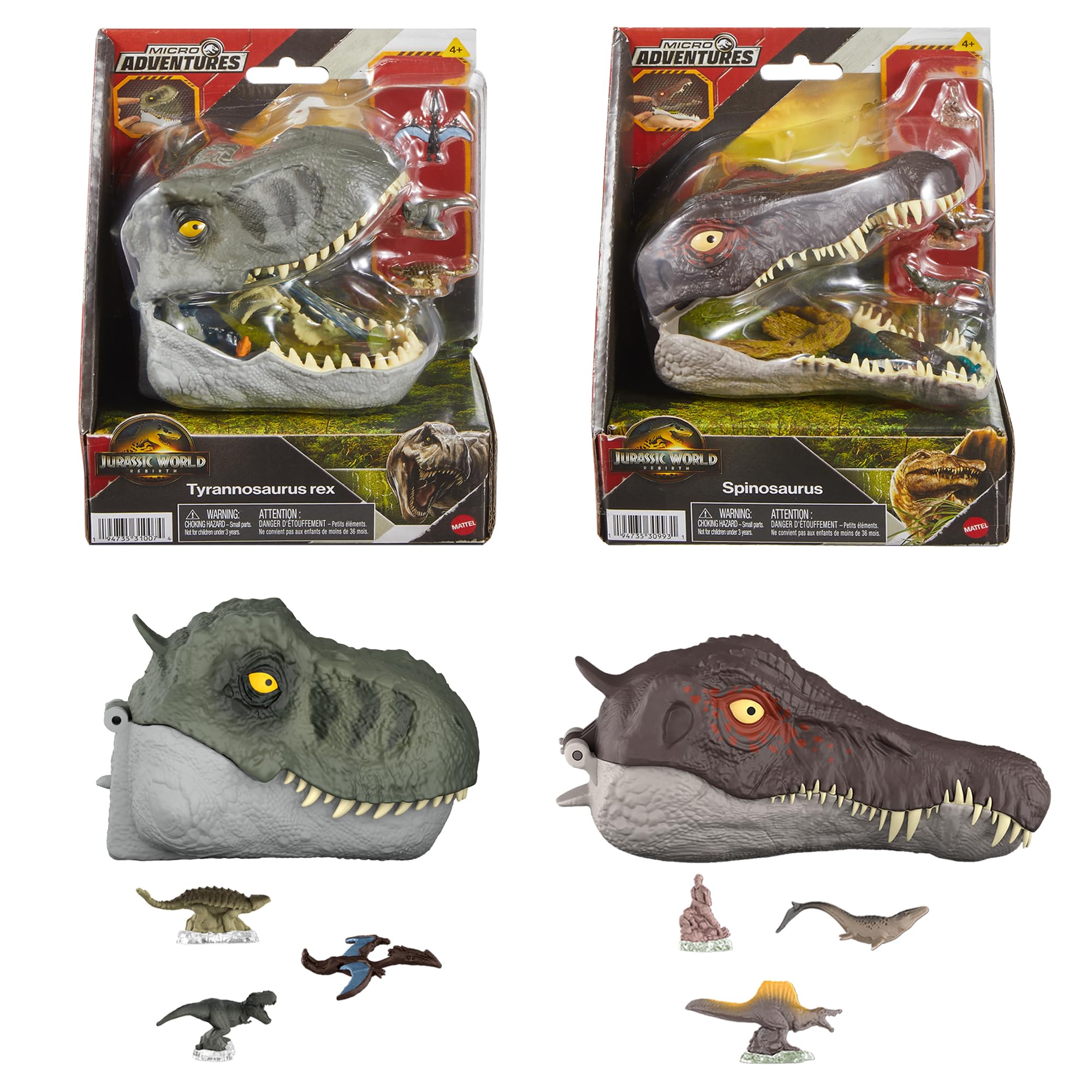 

Mattel Jurassic World Микро Компактная Голова Ассортимент с Фигурками Тираннозавра и Спинозавра для Детей, Набор Минифигурок Динозавров (2 набора), В коробке,