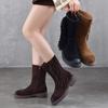 Johnature Retro Tassel Mid Heeled Women's Boots Genuine Leather Round Toe Versatile Mid-calf Boots