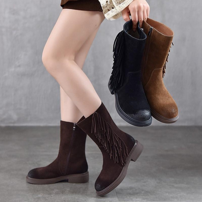 Johnature Retro Tassel Mid Heeled Women's Boots Genuine Leather Round Toe Versatile Mid-calf Boots