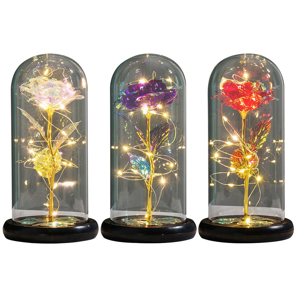 Artificial Rose Lamp with LED Lights Gold Foil Flower In Glass Cover Battery Powered Roses Glass Cover Valentine Day Mother Gift