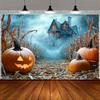 1 Halloween Haunted House Background Cloth - Ghost Pumpkin Cornfield Mist Landscape and Neon Sky Design