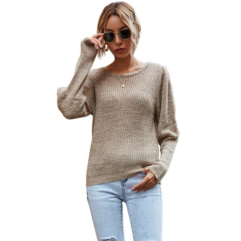 Vintage Mode Elegant Lässig Herbst Rundhals Khaki Einfarbig Damen Strickpullover Langarm Locker