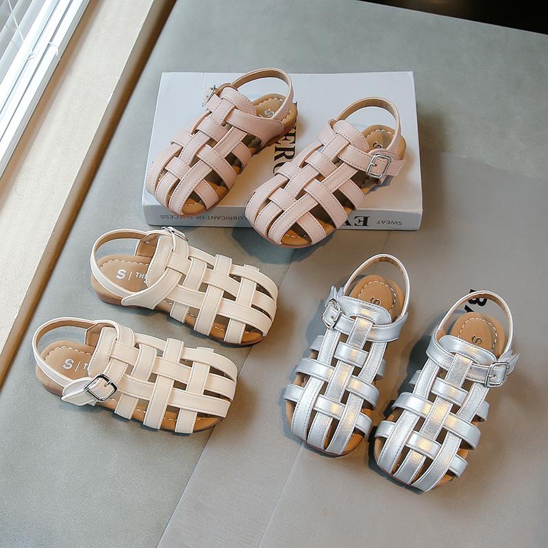 Girls Sandals Soild Color Versatile Kids Princess Shoes Weave Trend 2025 Summer New Children Beach Shoes Hollowed-out Breathable