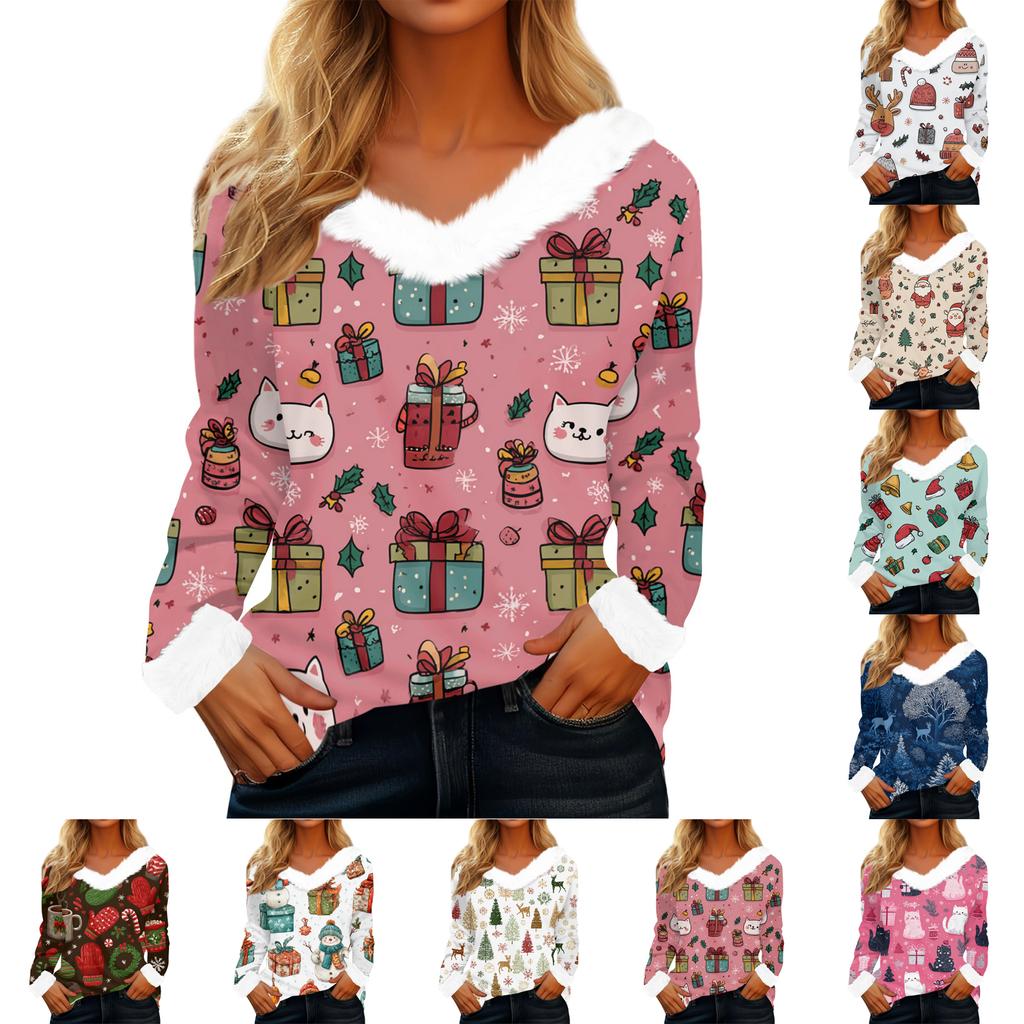 Women's Casual Fashion Long Sleeve Christmas Printed Flannel Collar Top