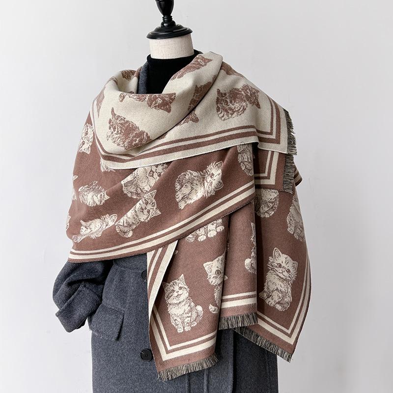 Cat Print Winter Warm Cashmere Scarf For Women Luxury Thick Blanket Shawl Wraps Pashmina Neckerchief Lady Poncho Echarpe