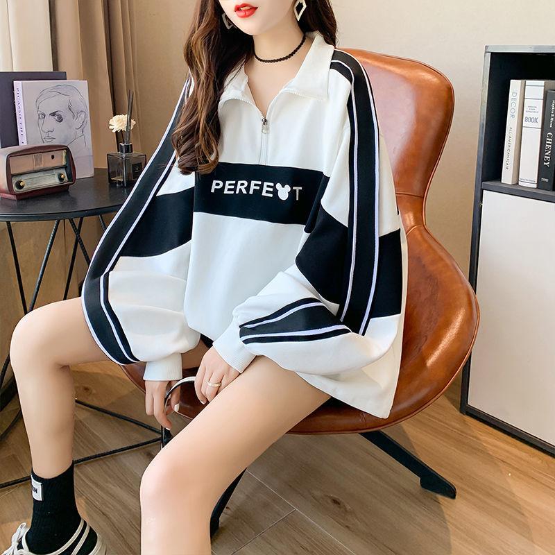 Plus Size Women Polo Collar Long Sleeve Sweatshirt Spring Autumn Loose Casual Zipper Hoodie Oversized Pullover Tops