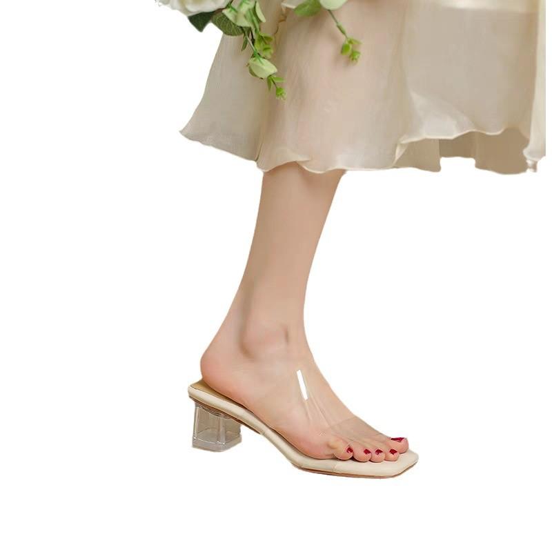 Cool slippers women's summer outer wear 2025 crystal thick heel middle heel transparent women's sandals