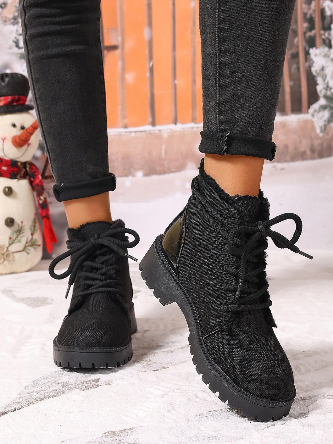 

Winter Coarse Heel Lace-Up Short Boots Warm Ladies Large Size British Fleece Martin Boots 42 чёрный