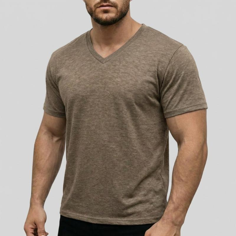 Men V Neck Short Sleeve T Shirt Slim Fit Solid Color Casual Basic Top