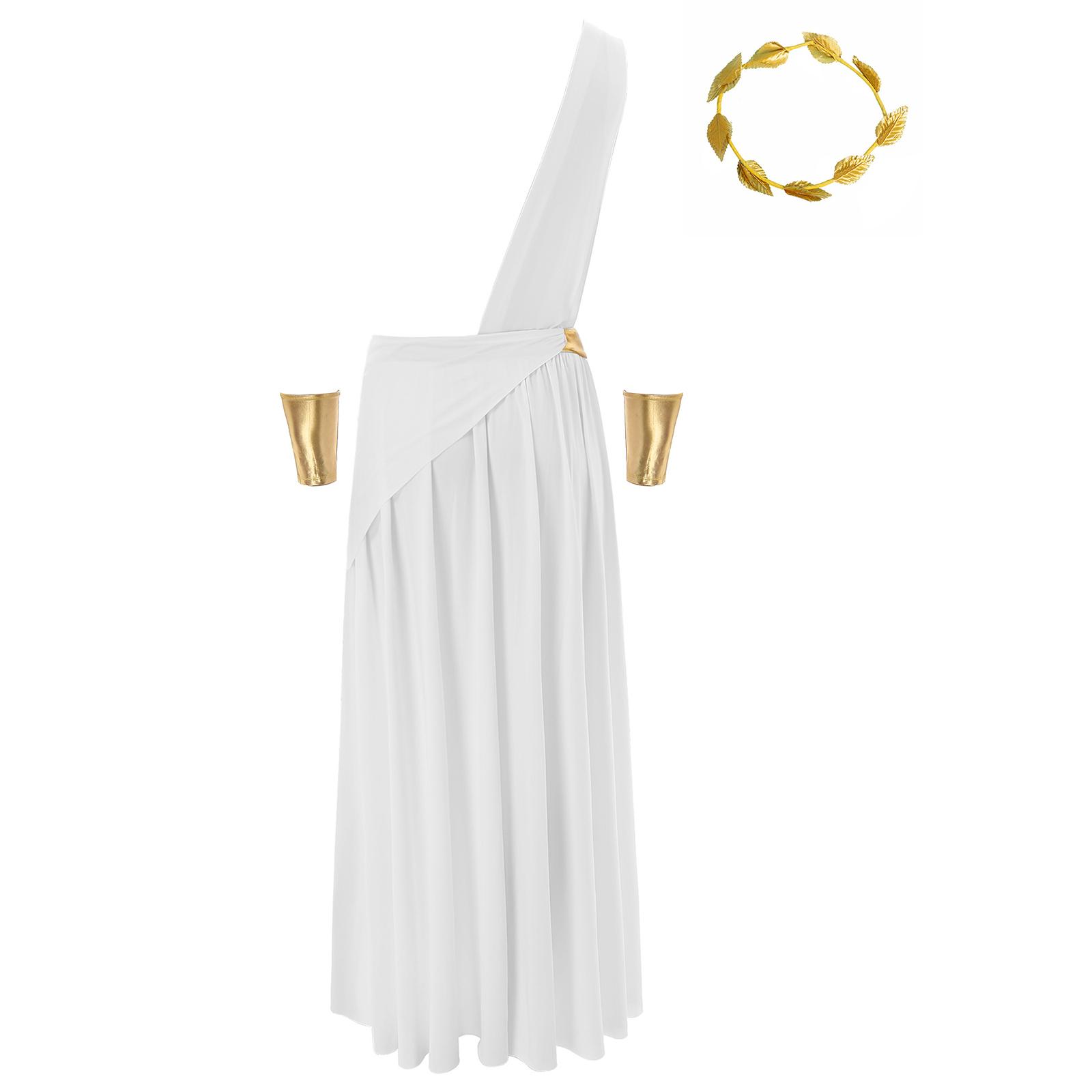 

Mens Ancient Greek Costume Long Skirt Toga Set Wristbands Gold Leaf Headwear Halloween Cosplay Party Outfit S білий