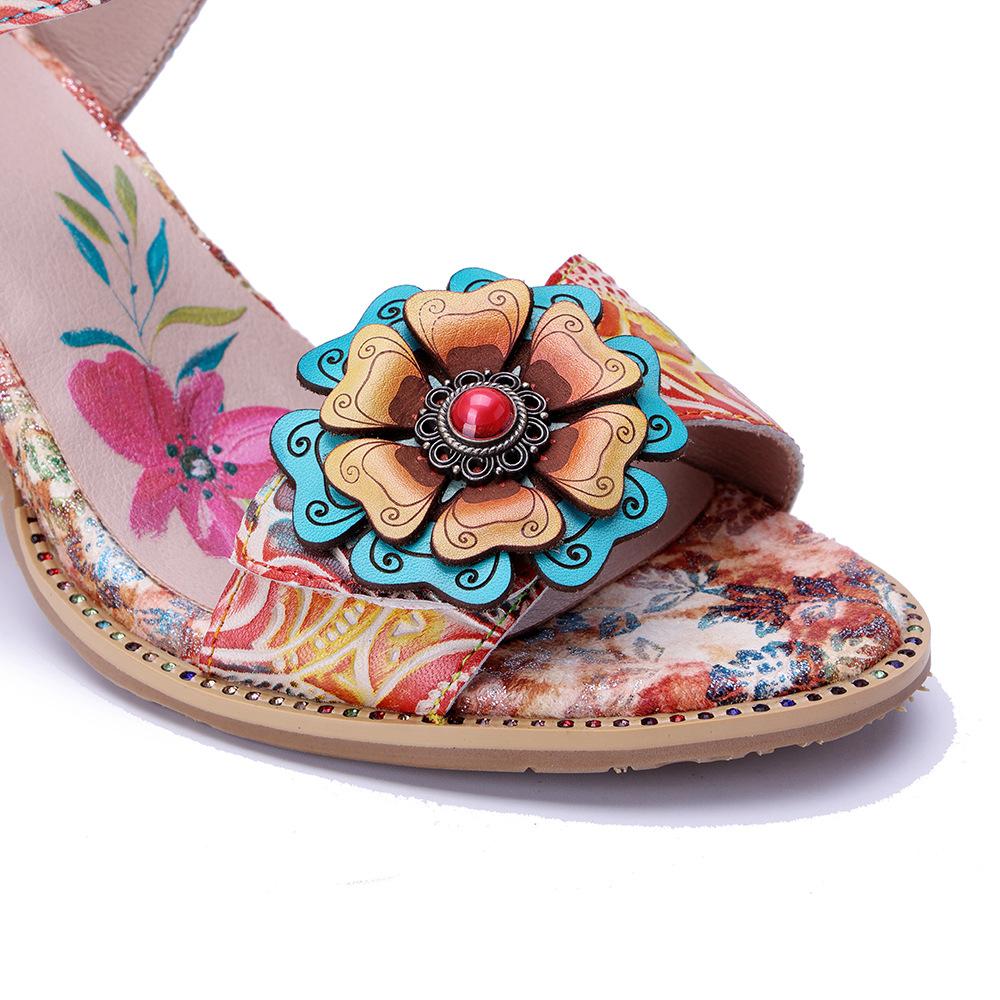 Johnature Echtes Leder Handgefertigt Barockstil Retro Blume Bequem Quadratischer Absatz High Heels Sandalen