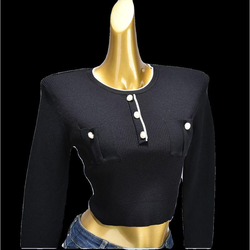 Spring & Fall O-neck Short Contrast Color Long Sleeves Pairs Qu Zhu No Pilling Knitting Silm Stretch Bottoming Shirt Pullover Slimming Women