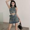 2023 Women's Street Style Halter Crop Top & Mini Skirt Denim Set