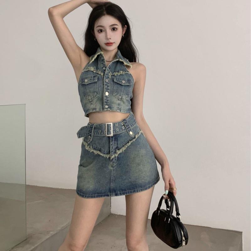2023 Women's Street Style Halter Crop Top & Mini Skirt Denim Set