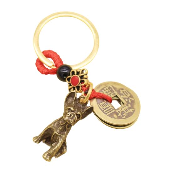 Retro Copper Keychain Pendant with Five Emperors Money Feng Shui Twelve Animal Charm Good Fortune Red Rope Key Chain Bag Car Accessory