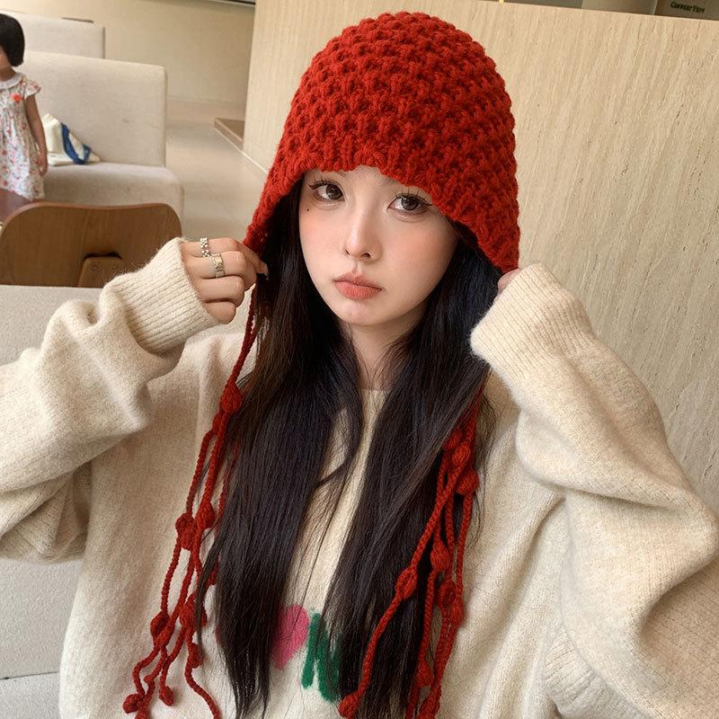 Handmade Fashion Shopping Fringed Warm Bag Hat Women Winter Ear Protection Tied Hat Knitted Wool Hat Tide