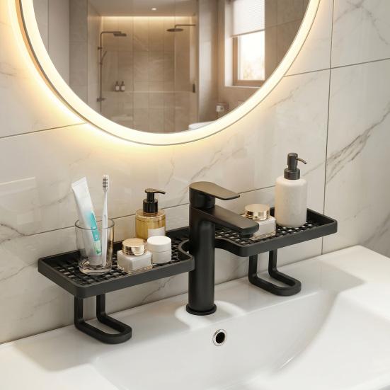 Sink Storage Rack Thickened ABS Waterproof Faucet Storage Organizer Vertical No Drilling Sink Space Saver Rack for Bathroom