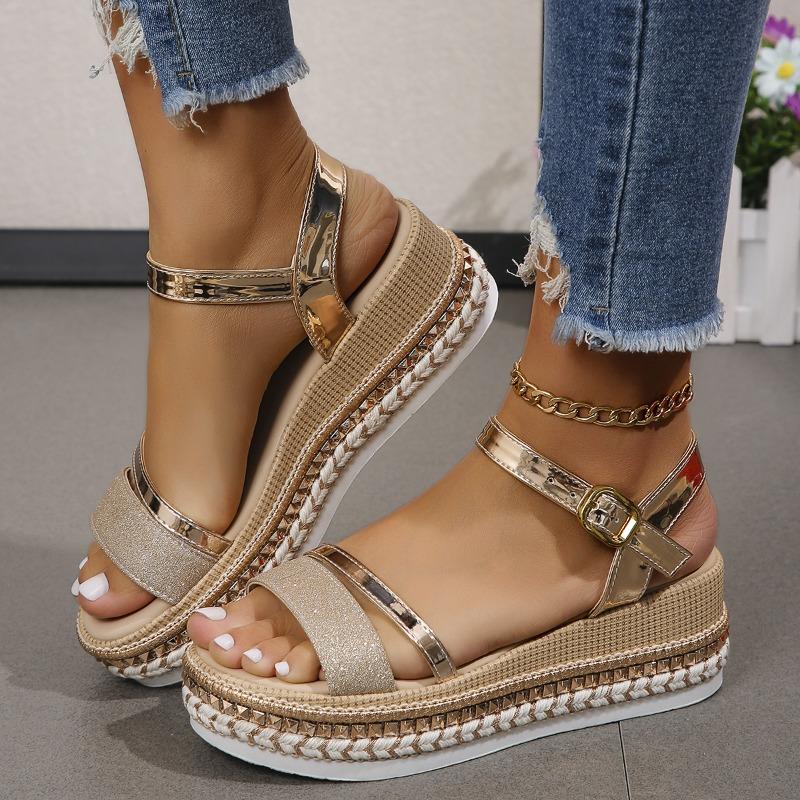 Spring and summer new rivet glossy wedge sandals women's one-word with buckle muffin thick-soled large-size women's sandals