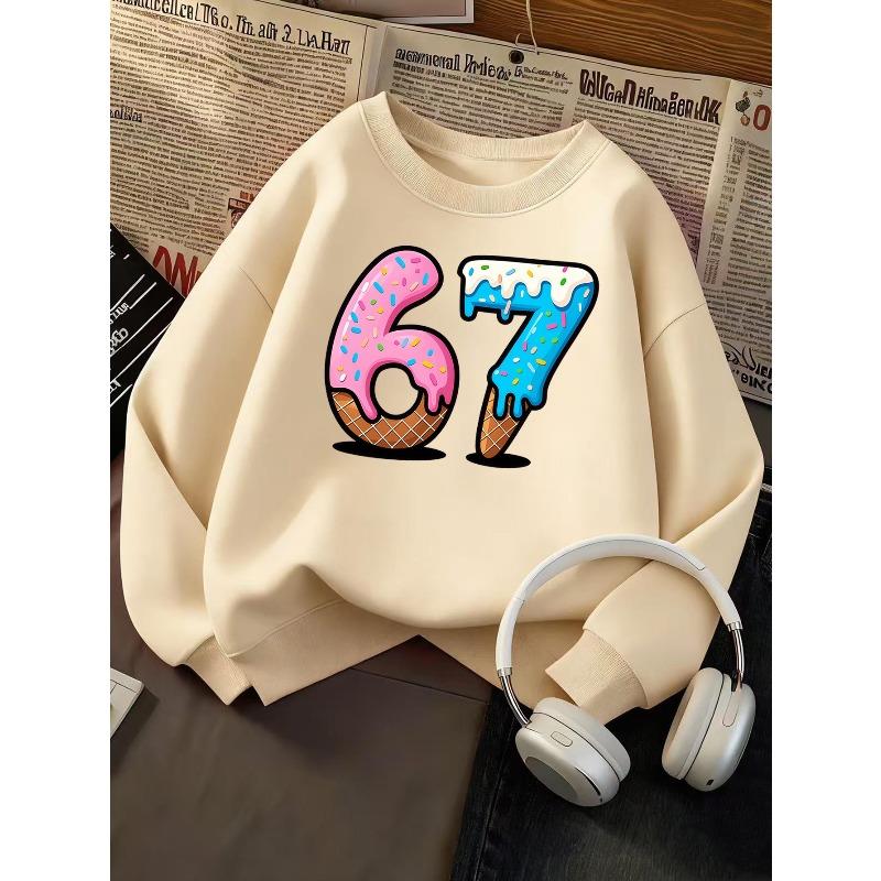 Kids Unisex Crewneck Sweatshirt, Cute Dripping Ice Cream Waffle Cone Shaped Number 6 & 7 With Colorful Sprinkles Print For 7th Birthday Sweet Lover