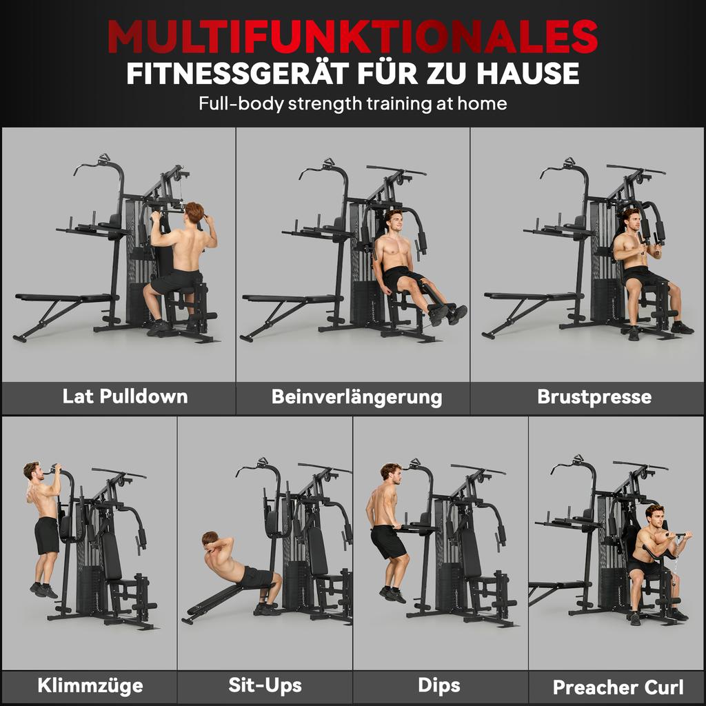 Multifunctional Training Station, Home Fitness Machine for Over 10 Exercises, Weights, Adjustable Fitness Bench, Black