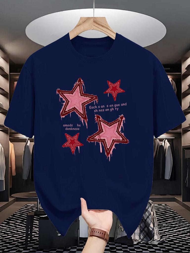 Unisex Orange Tee Retro Frayed Denim Star Letter Text Graphic Print Crew Neck Short Sleeve Summer Casual Male Cotton Streetwear Top