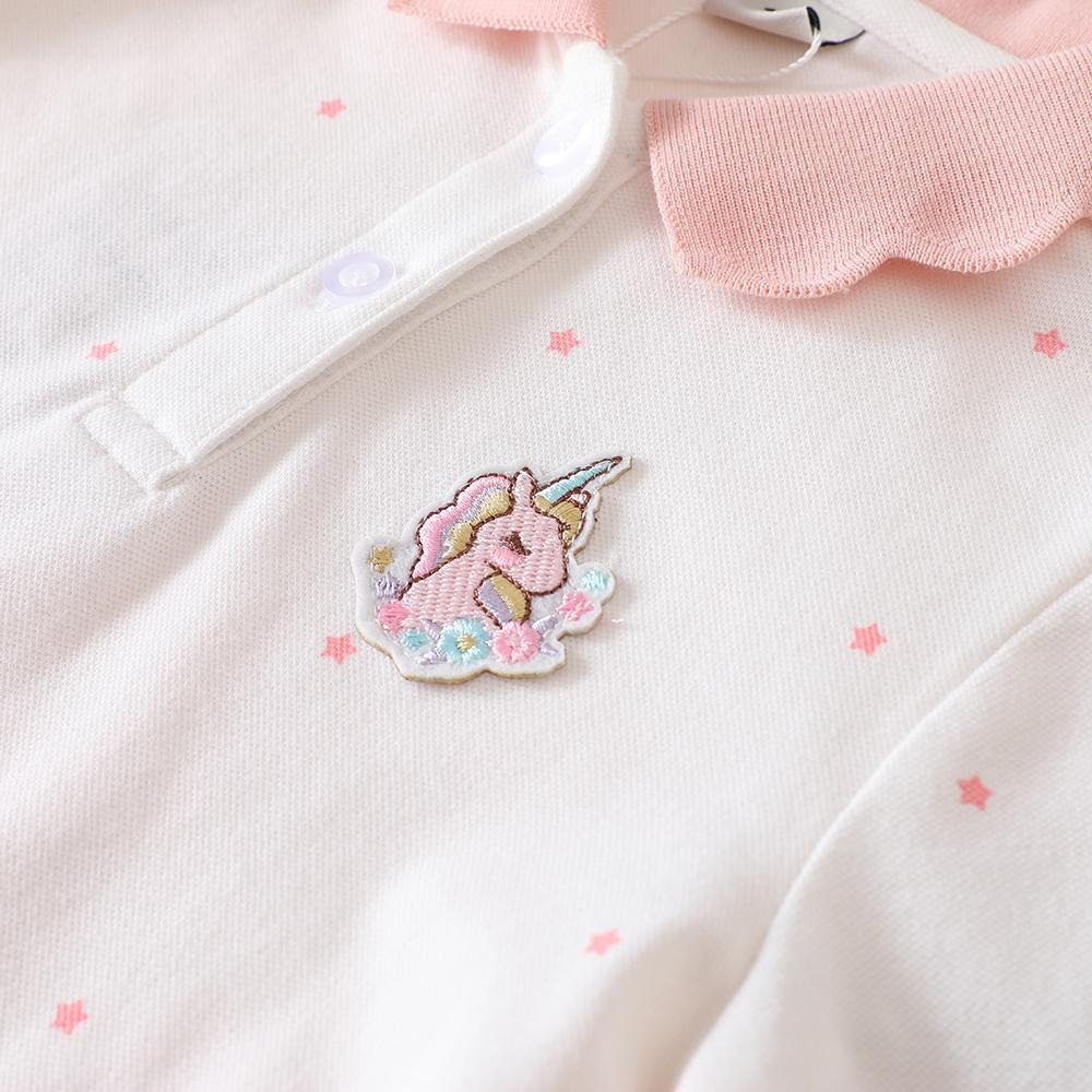 Girls Cotton Long Sleeve Polo Shirt White with Pink Collar And Cute Cartoon Patch Kids' Fashion Top for Ages 2-6